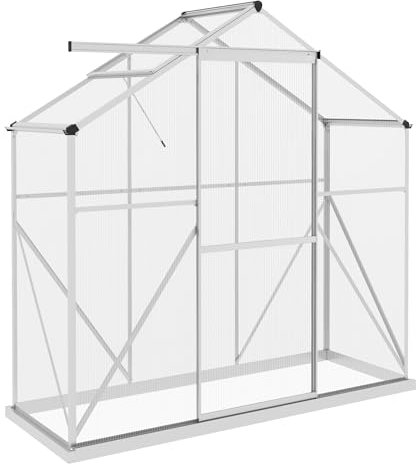 Outsunny 6 x 2.5ft Polycarbonate Greenhouse with Aluminium Frame and Foundation, Walk-In Green House for Garden Plants, Sliding Door, 5-Level Roof Vent, Rain Gutter, Silver