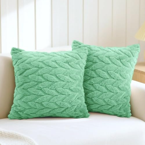 2er Set Flauschig Kissenbezug 45x45cm Salbei Grün Dekokissenbezüge mit Blattstickerei, Weicher Plüsch Kurzer Wollsamt Kissenhülle mit glattem Reißverschluss für Sofa Schlafzimmer Home Decor