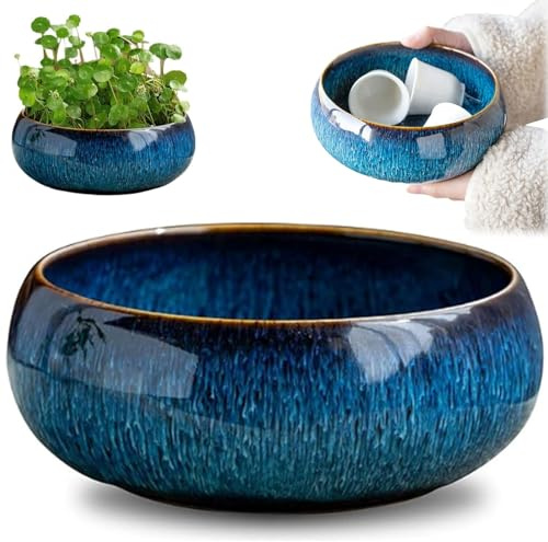 Lotus Bowl Pot de fleurs de lotus en céramique, grand calibre émaillé, pot jonquille, nénuphar, plante succulente, bassin en céramique simple (Bleu-a)