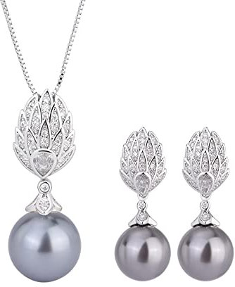 12-14 mm schwarzer Perle Anhänger Halskette Ohrringe für Frauen voller Kohlenstoff Diamant Jubiläum Hochzeit Schmucksets