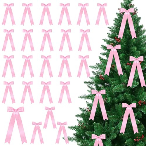 Nexoria Fiocchi per albero di Natale, 24 fiocchi di Natale rosa, fiocco di raso rosa, fiocco per albero di Natale in raso, fiocchi di raso rosa, fiocchi di Natale per decorazioni per albero di Natale
