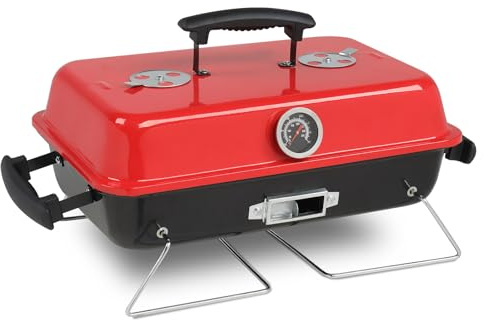 Outopee Portable Charcoal Grill, Tabletop Outdoor Barbecue Smoker, Small Folding BBQ Grill with Lid, Thermometer, Stainless Steel Legs for Camping Garden Party Picnic Cooking, Black & Red