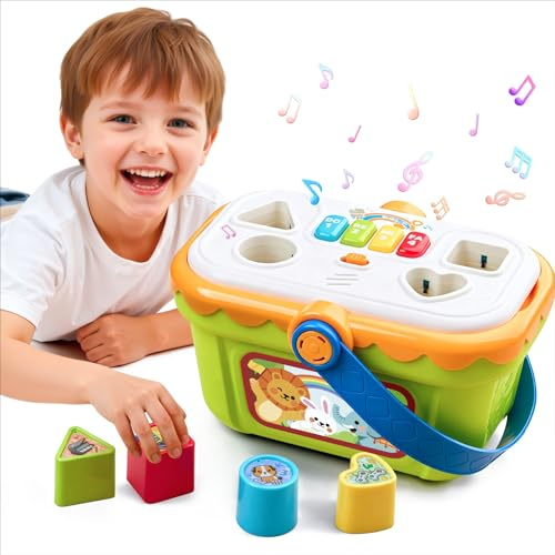 Meribbit Montessori-Spielzeug Sinnesförderndes Spielzeug für 1-3 Jahre Kinder, Musik Formensortierer mit Klavier & Lichtern, Lernspielzeug für 2 Jahre, Geschenk für 3 Jahre Mädchen & Jungen