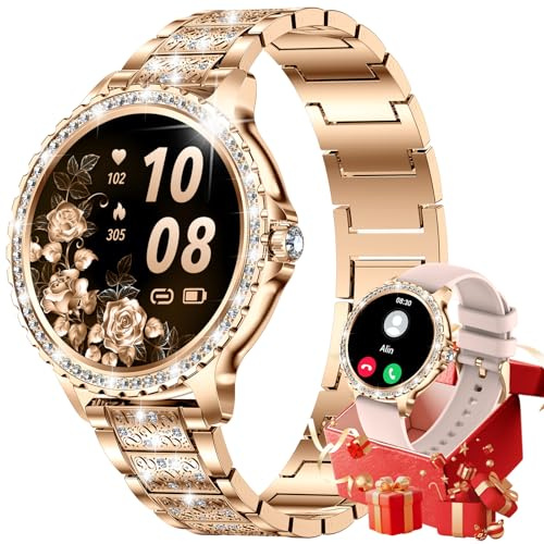 CHOOSETIME Elegante Reloj Inteligente Mujer con Diamantes, 1.32 Smartwatch con Ciclo Menstrual/Frecuencia Cardíaca/Sueño Monitor para Android iOS, 500+ Esfera, 100+ Sport, 2 Correas, Oro Rosa