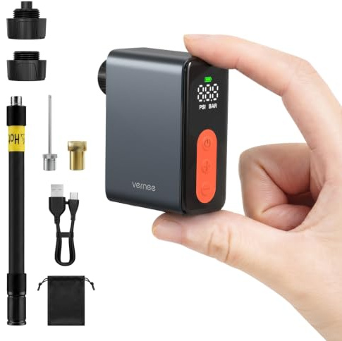 vernee Mini Electric Bike Pump,120PSI,Auto Stop,3 Valves Fits All Bikes | Bicycle Pump,Fits Presta and Schrader Valve,LED Digital Display,Memory Function,For Mountain,E-Bike, City and Road Bike