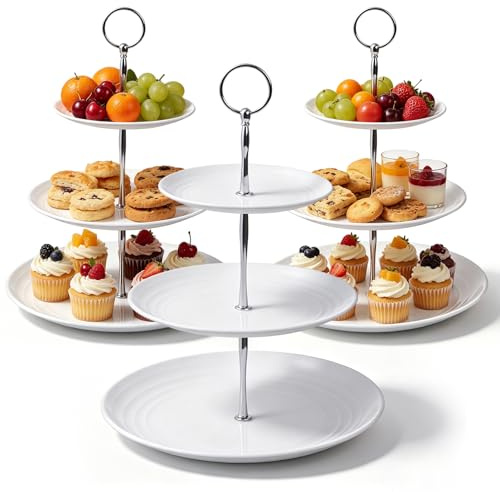 3 soportes de 3 pisos con asa, altura 33 cm, reutilizables | Soporte redondo de plástico para tartas, 3 niveles, soporte para cupcakes, soporte para tartas, frutas, aperitivos