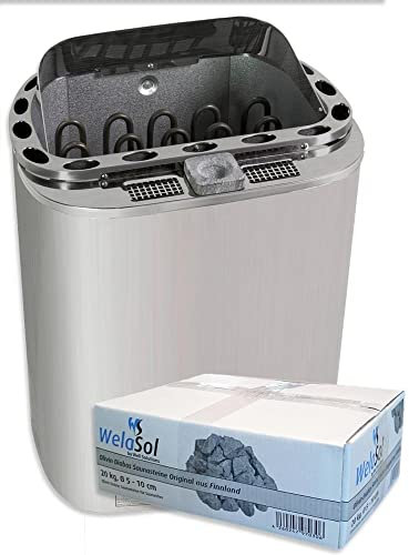 Well Solutions Premium Dampf Bi-o Kombi Sauna Ofen 6 KW, Saunaofen Scandia Combi aus gebürstetem Edelstahl inkl. 20 kg WelaSol Saunasteine Original Olivin Diabas