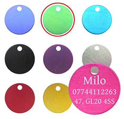 Quality 22mm Round Anodised Pet Id Tag & Ring, Dog, Cat, Engraved Free and P&P Supplied And Engraved (Green)