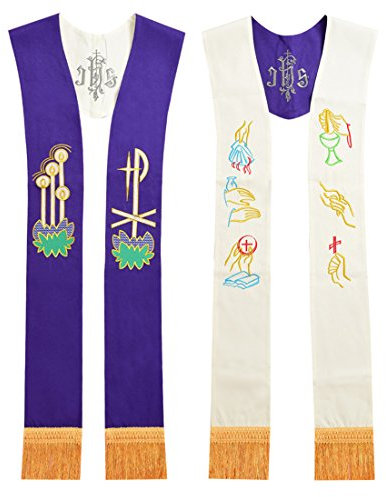 BLESSUME Kirche Stola Priester Masse Umkehrbare Gestickte Stola (Weiß & Lila #2)