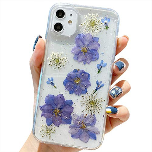Tybiky Handyhülle iPhone 12 Mini hülle Echte Blumen weiche Silikonhülle mit handgefertigten getrockneten Blumen, Transparente Ultra-dünne unsterbliche für iPhone 12 Mini., Eine Blume lila