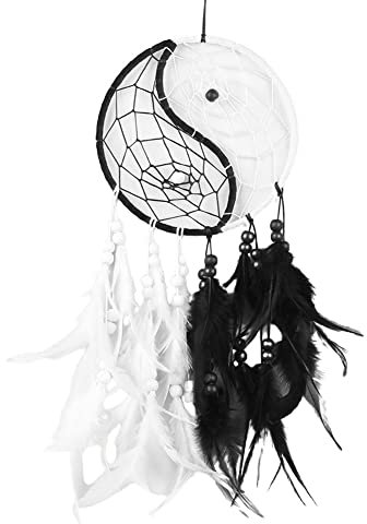 Herbests Traumfänger Ornamente Schwarz-Weiß Bohemian Wandbehang Chinesischer Yin Yang Tai Chi Dreamcatcher Handgefertigt Wanddeko Handwerk Wohnkultur Feder Anhänger Windspiele Kunstschmuck Geschenk