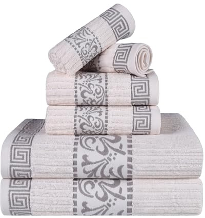Superior Dekoratives 6-teiliges Handtuch-Set, griechisches Muster, saugfähige Premium-Baumwolle, Dekor für Badezimmer, Spa, inklusive 2 Händen, 2 Gesichts- und 2 Badetüchern, Home Essentials,