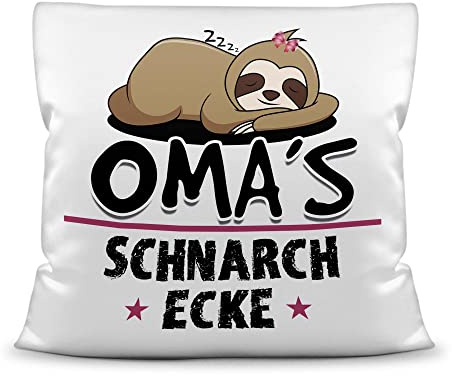 Schnarch-Kissen - mit Spruch für Oma - Omas Schnarch-Ecke, Sabber-Kissen - Lustiges Geschenk für die Beste Oma, Geburtstag, Weihnachten - Kissen Weiß Polyester, 40x40 cm