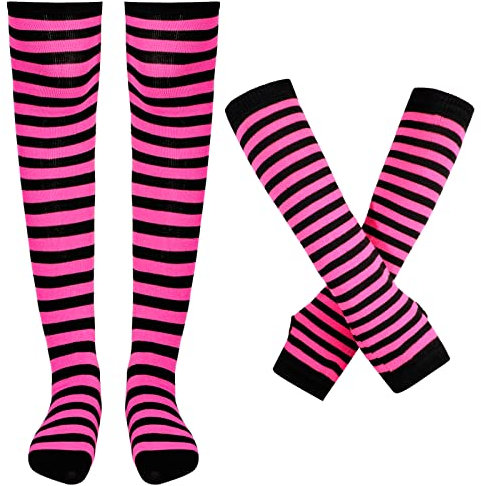 Blulu Armstulpen Beinlinge Frauen Gestreifte Oberschenkelhohe Socken Fingerlose Handschuhe