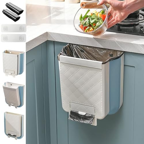 Ruucy Pattumiera Cucina, 11L Pieghevole Pattumiera da Appendere, Cestini Spazzatura Appendibile con Organizer per Sacco Spazzatur, Pattumiera Sospesa per Cucina, Bagno, Auto(Upgrade-Blu)