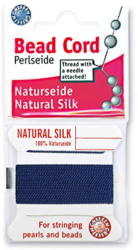 Griffin Silk Bead Cord Perlseide – Dark Blue Color – Size 16 (1.05mm) – 2 Meters per Card – Stainless Steel Needle Attached – for Knotting Pearls, Gemstones, Crystals and Beads