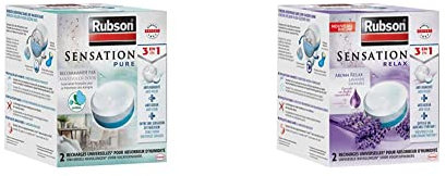 Lot de 4 recharges universelle Rubson - Sensation Pure, 2 Recharges de 300 gr pour absorbeur d'humidité, Recharges 3-en-1 & Sensation Relax, 2 Recharges de 300 gr pour absorbeur d'humidité