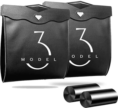 Trash Can for Tesla Model 3/Y 2016-2023,Leather PU Garbage Cans Bin with LED Light,Waterproof Garbage Bag with Hanging Magnetic Buckle,Model 3,2 Pack