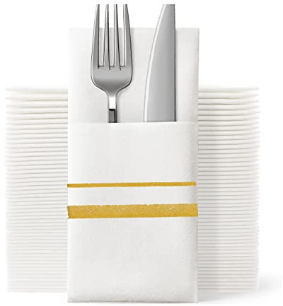 SUZZYVINE Tovaglioli usa e getta dorati con tasca integrata per posate, tovaglioli per il pranzo, per feste di nozze, effetto lino, 100 pezzi, 40,6 x 40,6 cm