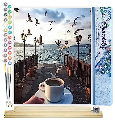 Figured'Art Peinture par Numéro Adulte Café et Mouettes au Bord de l'eau - Activité Manuelle Kit de Loisir Créatif DIY Numéro d'Art Complet - 40x50cm avec châssis en bois à monter