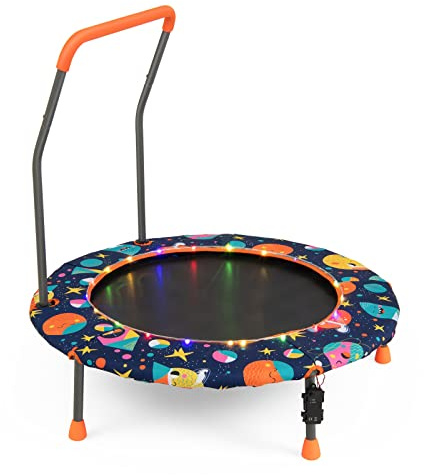 KOMFOTTEU Kindertrampolin, Ø 92 cm Mini Trampolin mit LED-Lichtern, Gartentrampolin mit Griff & Sicherheitsmatte, Trampolin für Kinder von 3-6 Jahren