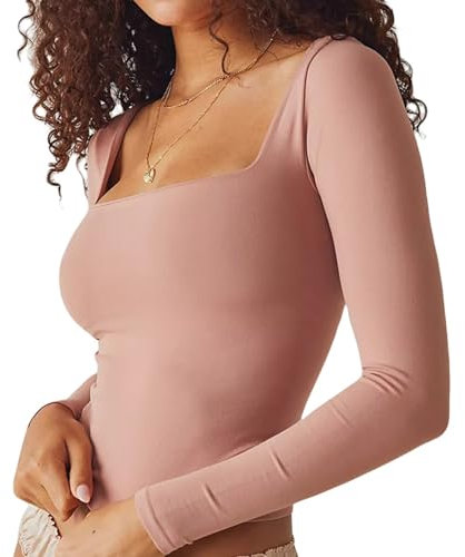 MAHUAOYIXI Maglietta a Manica Lunga Donna Sexy Maglietta a Maniche Lunghe con Scollo Quadrato e vestibilità Slim Sexy Ragazza Crop Top Ragazza Top Aderente Ragazza Shirt Corto Elegante (Rosa, S)
