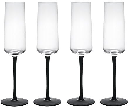 MIKASA Palermo Crystal Champagne Flutes Set of 4, 250ml, Champagne Glass Set with Black Stems | 100% Lead-Free Crystal - Gift Boxed & Dishwasher Safe