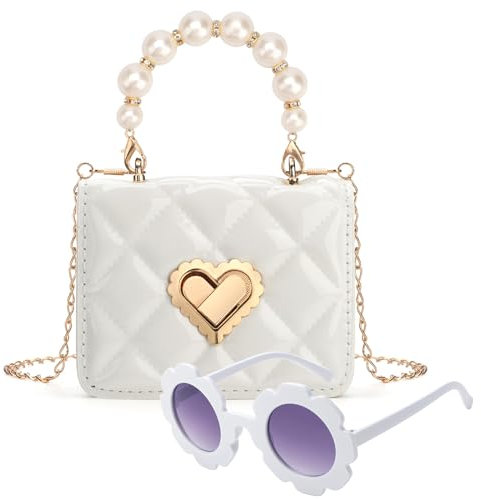 RSXING Kinder Umhängetasche Mädchen Handtasche - Verstellbarem Gurt Perlen Handtasche - Prinzessin Mini Tasche Kinder Schultertasche Geschenke für 3 4 5 6 jährige Mädchen(weiß)