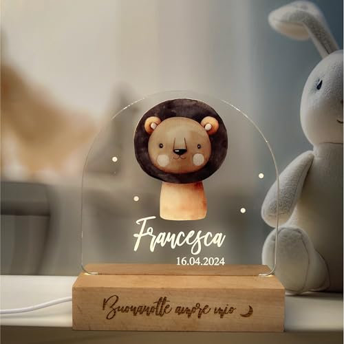 Pixel® Lampada personalizzata con nome luce notturna per bambini bambina neonato con animali Idea regalo nascita bimbo bimba battesimo compleanno Regalo Natale per neonati Personalizzato (Leone)