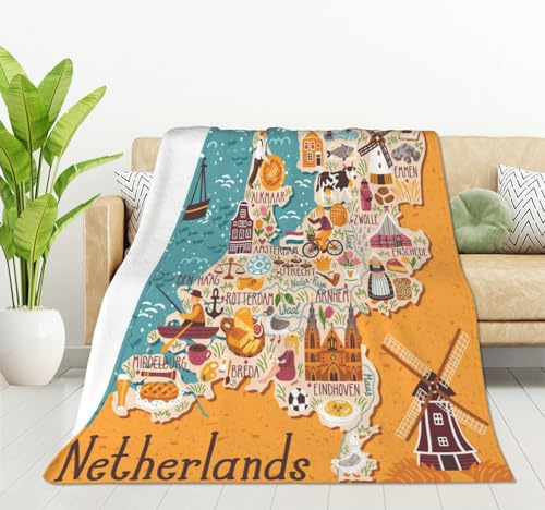 HGOD DESIGNS Map of Netherlands Blanket Dutch Landmarks Holland Food Windmill Blue Yellow Throw Blanket Decor Cozy Warm for Home Bedroom Sofa Office 100x130cm