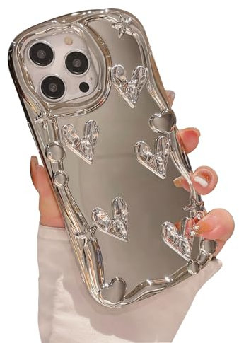 Pretaco for iPhone 13 Case, [Shiny Chrome Silver Heart][Mirror Creative Phone Case][Stylish Plated 3D Heart] Soft TPU Drop and Shock Resistant for Women and Girls 6.1