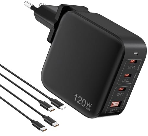 120W Cargador USB C GAN 4 Puertos 3C+1A Enchufe USB C 100W con Cable Cargador Quick Charge Compatible con Samsung Galaxy S23 Ultra/S23/S22/S21/S20, iPhone 14/13, MacBook Pro/Air, iPad, Steam