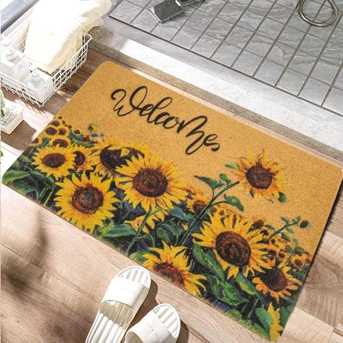 IZUS Hello-Spring Sunflower-Floral Welcome-Doormats Summer-Sunshine-Flower Non-Slip Entrance-Frontdoor-Mats Porch Farmhouse Home Decor 17x29 in