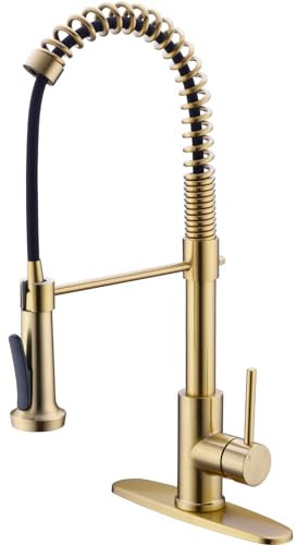 TRUSTMI Robinet de cuisine doré brossé avec pulvérisateur extractible, robinet d'évier de cuisine commercial à ressort unique en acier inoxydable avec plaque de terrasse, 1 trou ou 3 trous pour