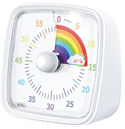 Yunbaoit Minuteur Visuel pour Enfants et Adultes, Minuteur à Décompte de 60 Minutes avec Fonction Flash Silencieuse, Motif Arc-en-Ciel, Timer Enfant pour Salle de Classe, Maison, Cuisine (Blanc)
