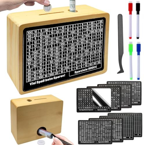 KIKVTER Spardose, Spardose Holz, Spardose mit Zähler, Sparbox mit Zahlen Ankreuzen, Sparschwein mit Sparziel, Sparbox, Spardosen €500 €1,000 €2,000 €3,000 €5,000 €10,000 Euro Keine Montage
