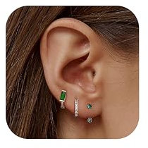 JeweBella 3 Paar Ohrringe Silber 925 Set für Damen - 14 Karat Vergoldet Kleine Ohrstecker Stapelbar Zirkonia Creolen für Mehrere Piercings