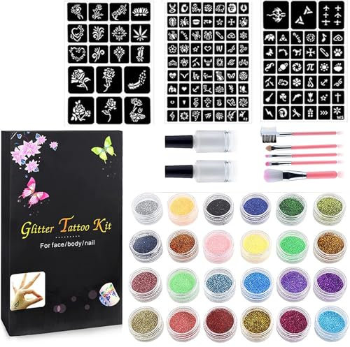 Cartoon Temporary Glitter Tattoo Girls Temporary Glitter Tattoo Kit, 24 Glitter Colours, 120 Unique Stencils, 2 Glues, 5 Brushes, Kids Art Glitter Makeup Set, Holiday Gifts for Kids Waterproof Tattoos