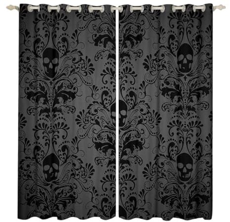 Homewish Schwarze Damast-Verdunkelungsvorhänge für Schlafzimmer, 30 % - 50 %, Antik-Viktorianischer Barock, Gothic, Vintage, Blumenvorhänge und Vorhänge, exotischer Zuckerschädel, Fenstervorhang