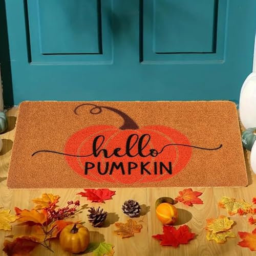 Hello Pumpkin Front Door-Mat Outside Entrance - Autumn Festival Watercolor Farmhouse Mat Non-Slip Doormat for Entryway Low-Profile Floor Mat for Yard, Garage, High Traffic Areas 30x17