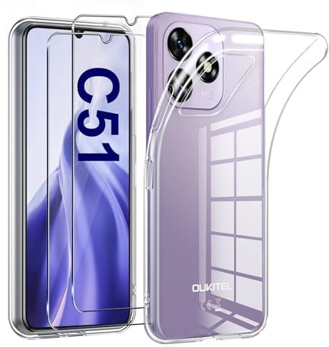 LYJERRY Housse pour Oukitel C51 Coque avec 2Pcs Protection Écran en Verre Trempé pour Oukitel C51,Transparent Antichoc Housse Silicone Étui Film Protecteur