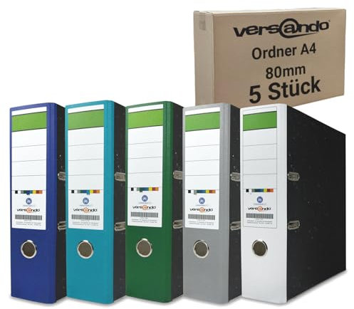 versando Farbmix Winterfarben 5x breiter Premium Ordner DIN A4 Aktenordner 8cm Ringordner - Blauer Engel zertifiziert - weiß grau grün türkis blau
