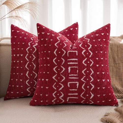MIULEE Weihnachten 2er Kissenbezug 40x40 H-Rot Chenille Boho Kissenbezüge Kissenhülle Sofakissen dekokissen zierkissen Elegantes Design für Couch Sofa Wohnzimmer