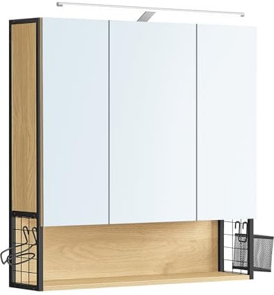 VASAGLE Badezimmerschrank mit LED-Beleuchtung, 14,5 x 70 x 70 cm, Stecker, Hängekorb, Haartrockner-Halter, Spiegelschrank, Badschrank, Wandschrank, für Badezimmer, natureichenfarben BBK124Y01