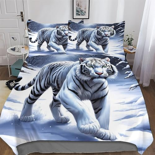 AAPZY Tiger Bettwäsche Premium Atmungsaktive Angenehme Bettbezüge, Mikrofaser Bettdeckenbezug, Für Jungen Mädchen 3teilig Bettbezug + Kissenbezug King (220x240cm)