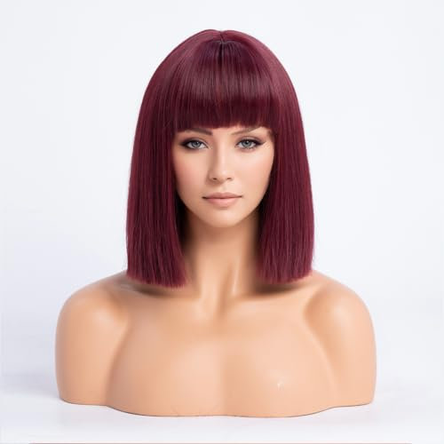 SIMKAYLEE Kurze Glatte Burgunderrote Perücke mit Pony Damen Kurz Bob Weinrot Perrücke für Frauen Schulterlange Rote Perücken für Karneval Fasching Motto Party Halloween Cosplay Weihnachten (30cm)