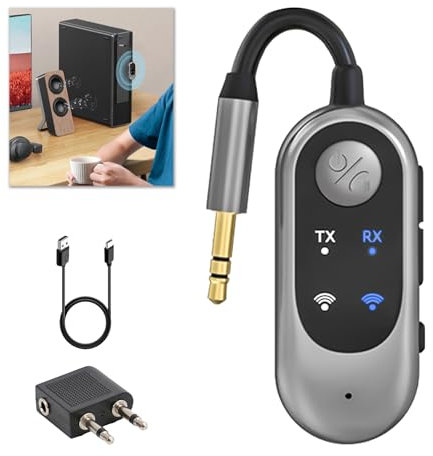 Bluetooth 5.3 Transmitter Receiver, 2-in-1 Airplane Bluetooth Adapter Wireless with LED Display Double Connection 3.5mm Aux Audio Transmitter & RCA Cable for TV PC Car Headphone Gym Airplane Dual Mode