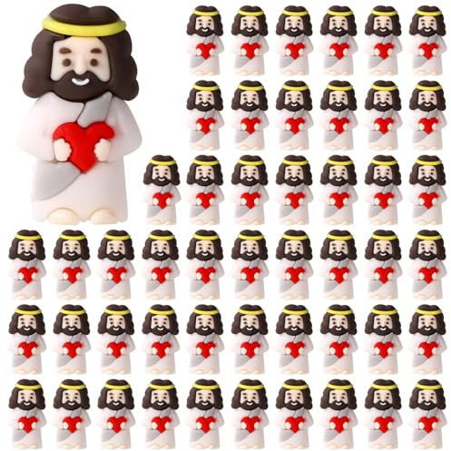 Lyreh 50stk Klein Jesus Statue mit Rotem Herz, Miniatur Osterdeko aus PVC-Material Mini Valentinstag Jesus Dekor für Ostern Valentinstag Gastgeschenk und Dekoration(Weiß)