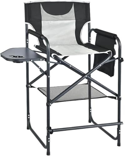 LXLAEOANG Regiestuhl klappbar Camping-Regiestuhl, robuster, übergroßer, tragbarer Klappstuhl mit Seitentischtasche for Strand, Angelausflug, Picknick, Rasen(Tall Black)