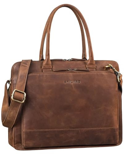 STILORD 'Nola' Shopper Tasche Damen Leder Groß Laptoptasche 13.6 Zoll Arbeitstasche Frauen Aktentasche Vintage Umhängetasche Businesstasche Schultertasche Echt-Leder-Tasche, Farbe:mittel - braun